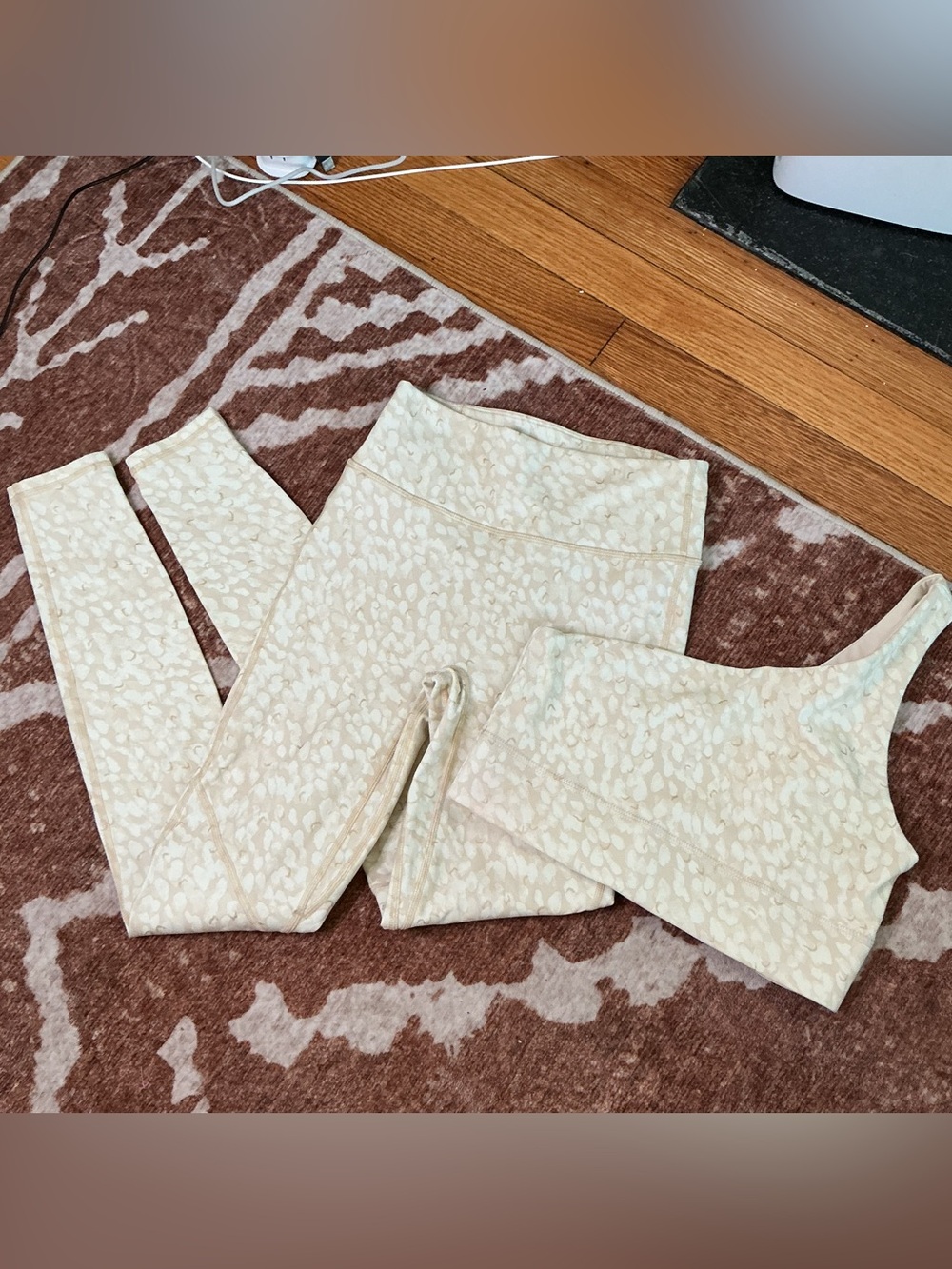Fabletics 2- piece Beige Cream Leopard Print Leggings & 1 Shoulder Sports Bra
